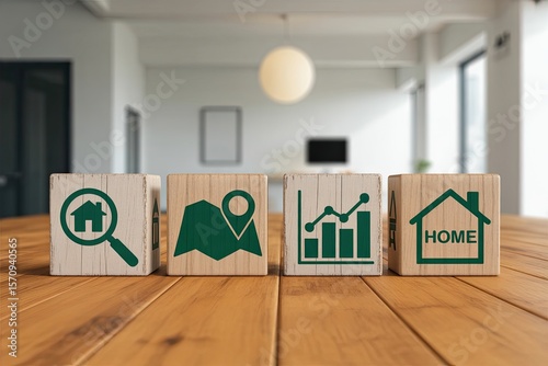 Wooden blocks with green icons representing home search location analysis and growth on a wooden table in a modern interior