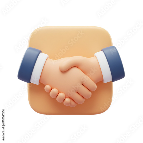 Illustration of a handshake with blue and white sleeves on a rounded square beige background