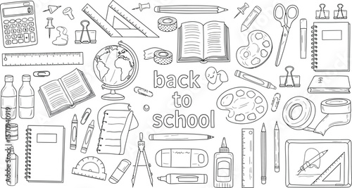 Back to school supplies vector illustration, school items doodle art, education tools and stationery set, line art