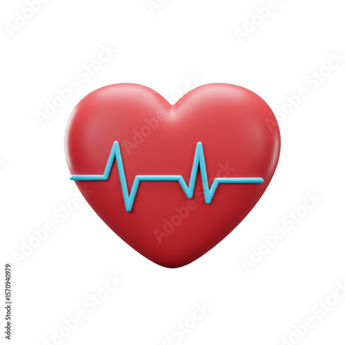 Red heart with light blue heartbeat line across it in a 3d rendering on a white isolated background