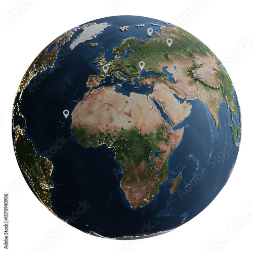 Globe view showing europe africa and parts of asia with location pins marking different places on earth