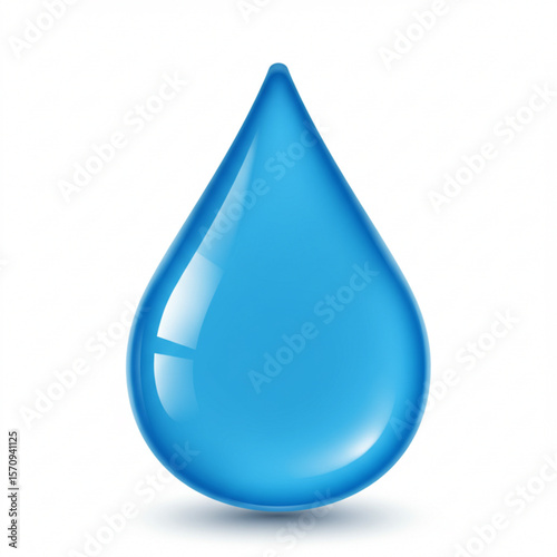 A single blue water droplet with a glossy surface and a pointed tip isolated on white background view