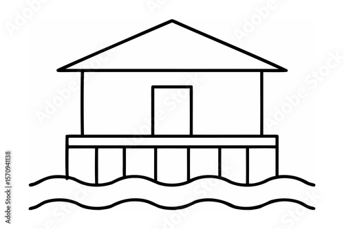 Simple house on stilts over water waves