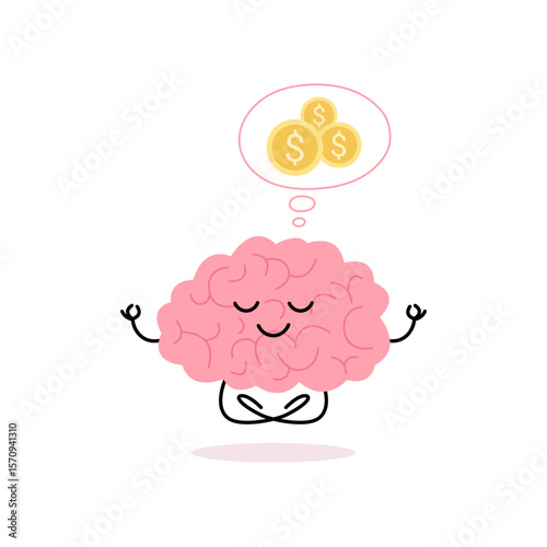 Brain with money dream meditating with eyes closed, cute child character for finance success. Happy brain dreaming of dollar coins in thought bubble. Financial well-being. Vector illustration