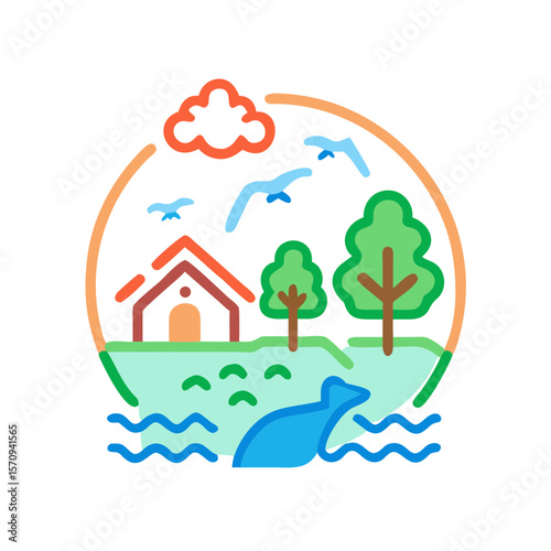 Stylized nature landscape, colorful illustration, home near water, trees and animals
