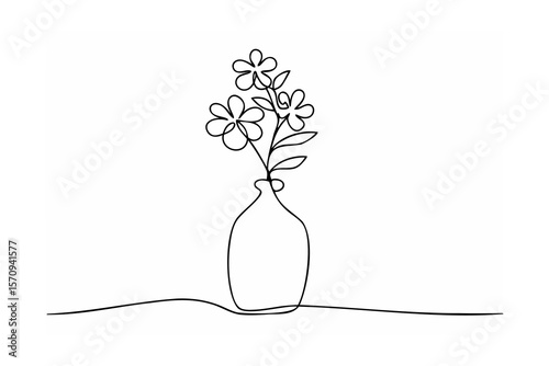 Single line drawing of flowers in a vase line art floral