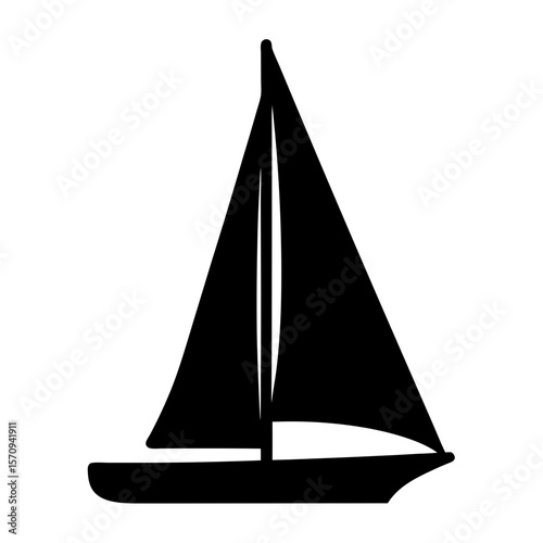 Black silhouette of a sailboat with triangular sail on a white background