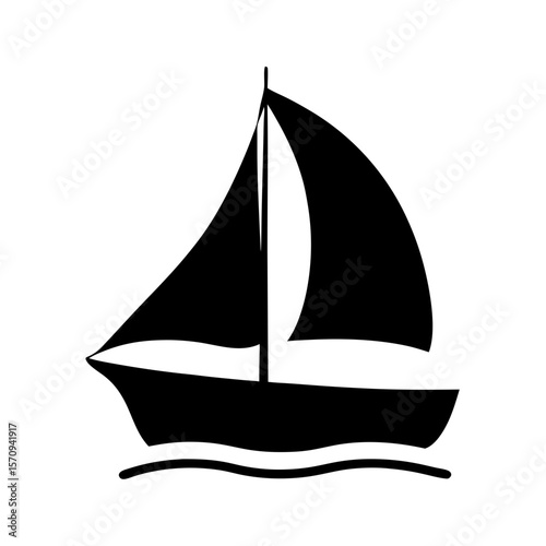 Black and white illustration of a sailboat gliding on the waves