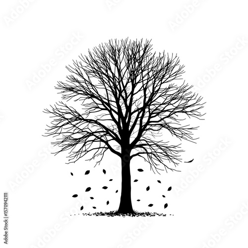 Bare tree shedding leaves in black silhouette design  