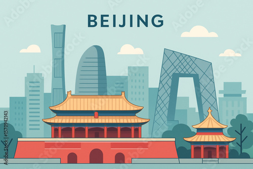 Illustrated Beijing skyline featuring traditional Chinese architecture and modern skyscrapers like the CCTV Headquarters
