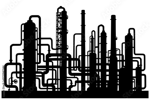 Industrial silhouette of oil refinery with pipelines and towers  