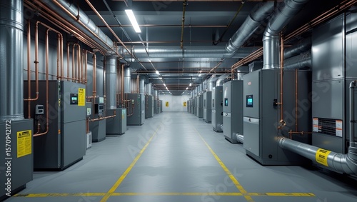 Industrial interior featuring HVAC systems—heating, ventilation, and air conditioning—along with chillers, boilers, and piping networks installed in the boiler pump room of a factory building