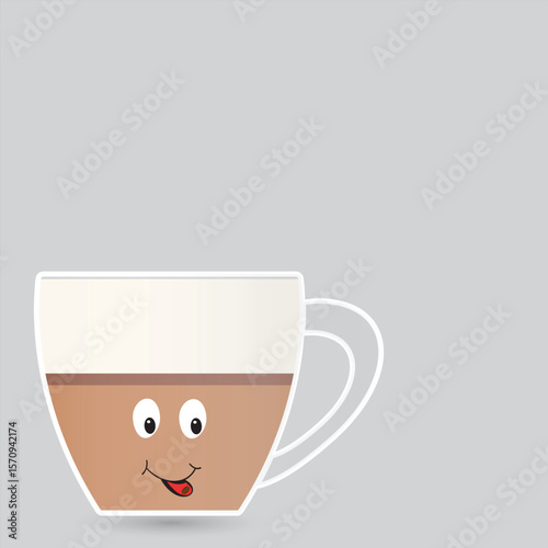 Cute happy coffee cup with face and a coffee bean on its tongue