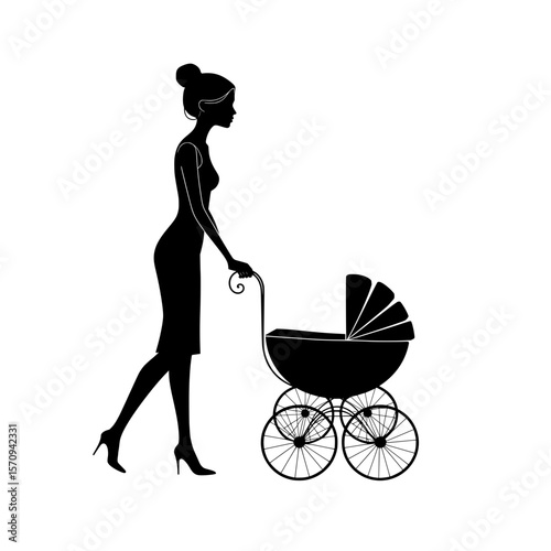 Woman walking with baby stroller in a stylish silhouette  