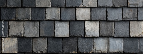 Close-up of a weathered slate roof, showing varied shades of gray and black in rectangular tiles, layered in an overlapping pattern, exhibiting natural texture and subtle imperfections