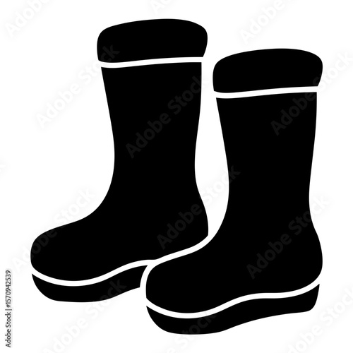 Pair of solid black rubber boots with white trim design element