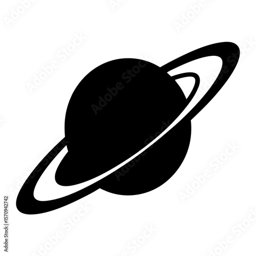 Simple minimalistic black and white vector image of a ringed planet, Saturn