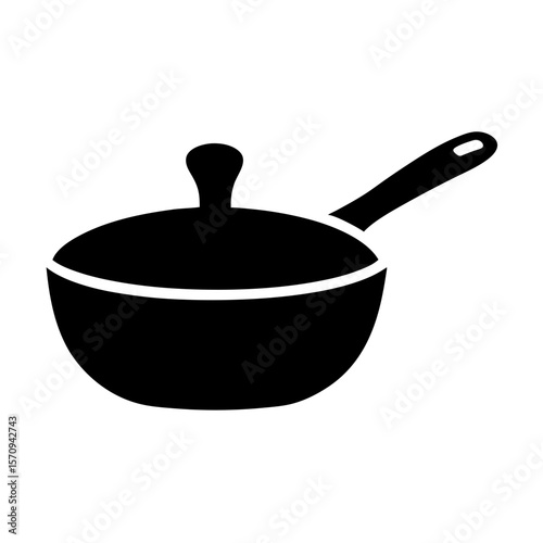 A black and white minimalist graphic of a lidded saucepan with handle
