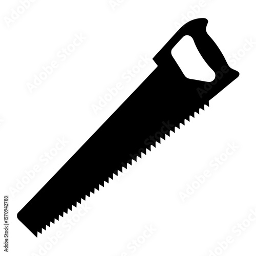 Black silhouette of a hand saw with a handle, isolated on white