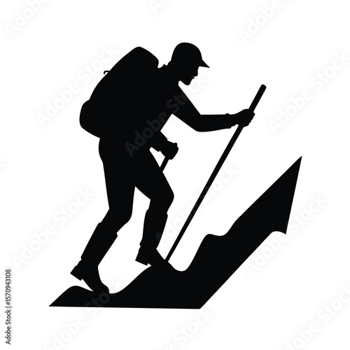 Silhouette hiker with backpack and pole climbing snowy slope
