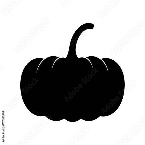 Black silhouette of a pumpkin with a stem on white background