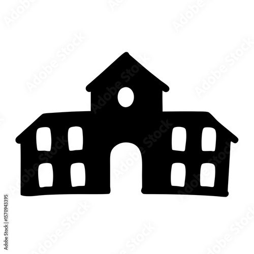 Stylized black building silhouette with archway, windows and central tower
