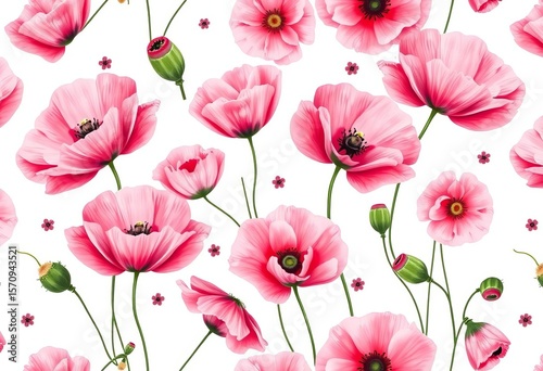 Delicate pink poppy floral seamless pattern on white background, print, soft