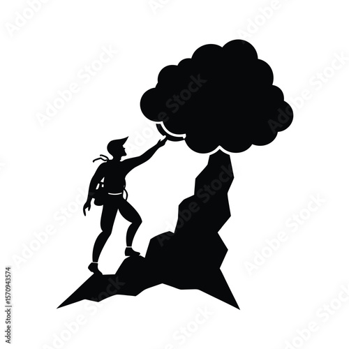 Silhouette climber reaching for storm cloud on rocky peak