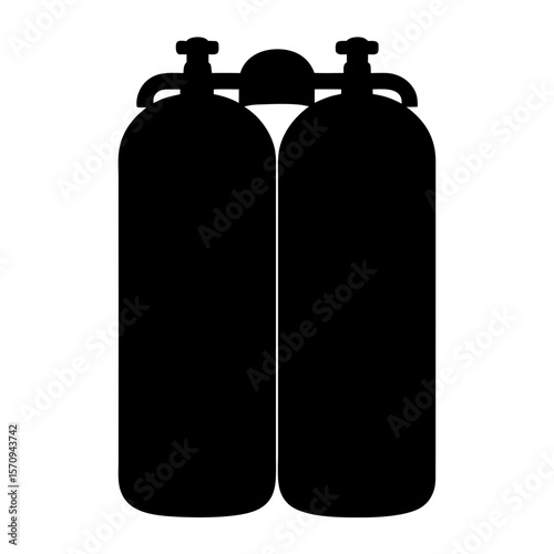 Silhouette of two scuba diving cylinders, tanks, equipment, side by side