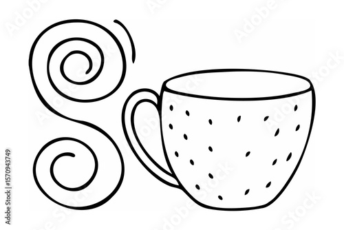 Black and white drawing of a steaming cup coffee hot beverage