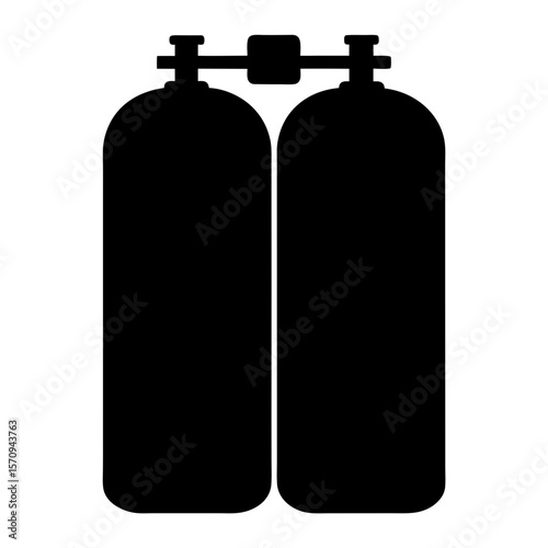 Silhouette of scuba diving tanks connected with manifold system for deep diving