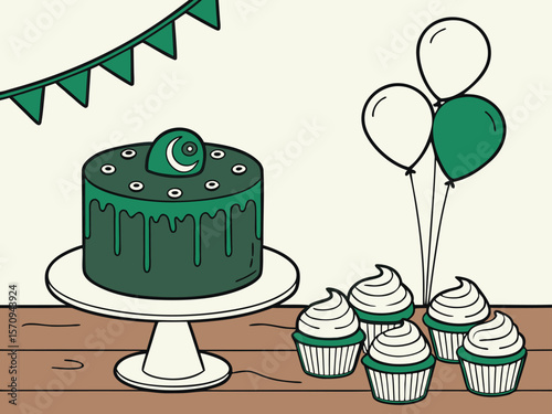 Vector illustration of green cake and cupcakes for celebration