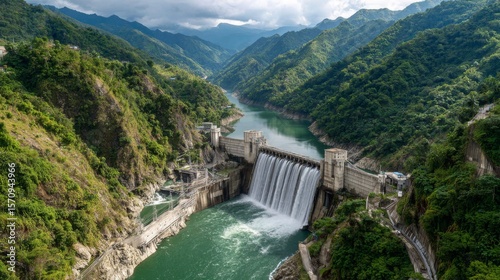 A panoramic shot of a hydroelectric dam, highlighting its massive structure, with water flowing powerfully from the turbines and lush vegetation surrounding it photo