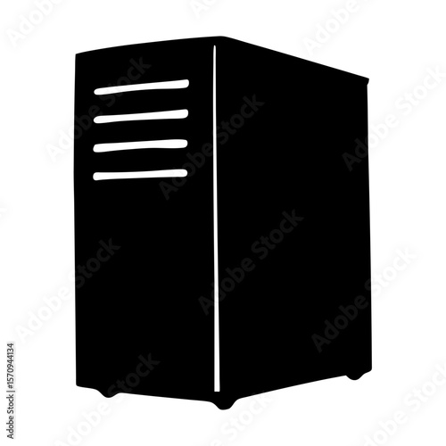 A black and white computer server case with vent details illustration