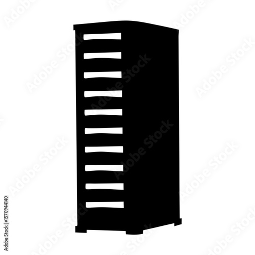 Silhouette of a tall narrow cabinet with multiple horizontal drawer openings