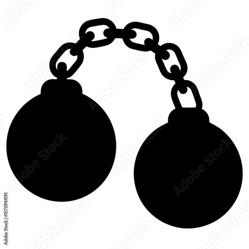 Black and white cartoon of two round balls connected by chain