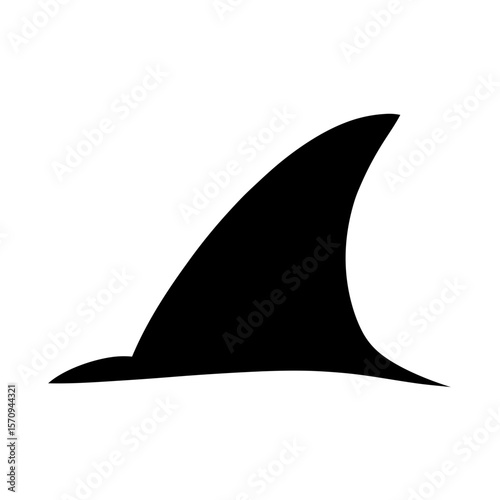 A stark black silhouette of a shark's dorsal fin against white backdrop