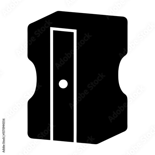 Black and white image shows a pencil sharpener, a simple geometric design