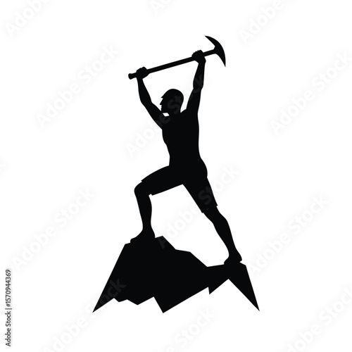 Silhouette of a climber raising a pickaxe on a mountain peak
