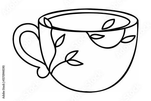 Black line art of a cup with leaves coffee cup tea cup