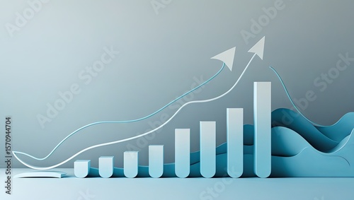 blue upward growth graph on a business chart showcasing data and performance metrics, set against a financial presentation backdrop. The abstract arrow symbolizes finance and marketing 