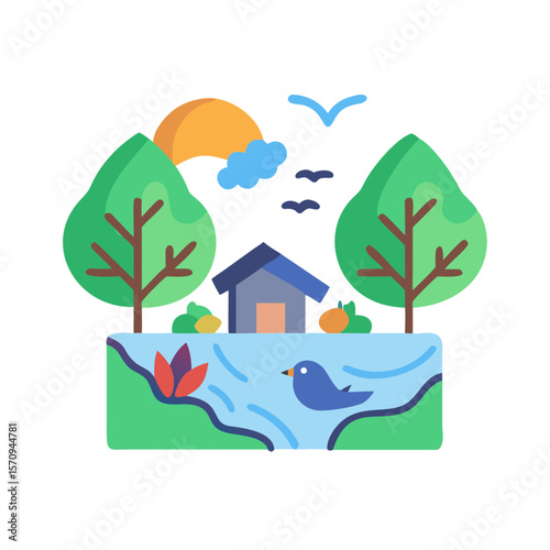Colorful landscape illustration, serene scene with house and river, sun and trees

