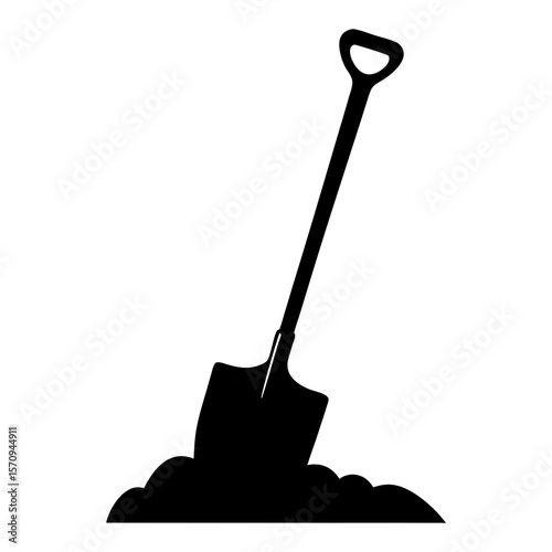 A black and white silhouette of a shovel digging in the dirt