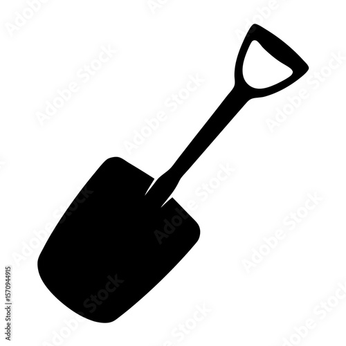 Simple black silhouette of a gardening shovel on an isolated white background