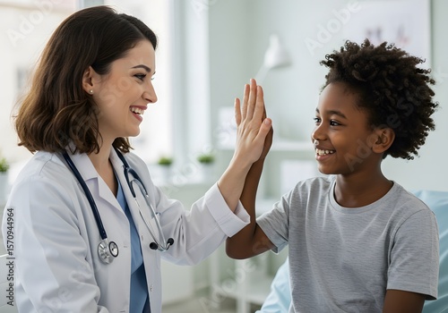 Smiling female doctor giving a high-five to a cheerful young boy in a medical office, symbolizing trust, encouragement, and positive pediatric care.