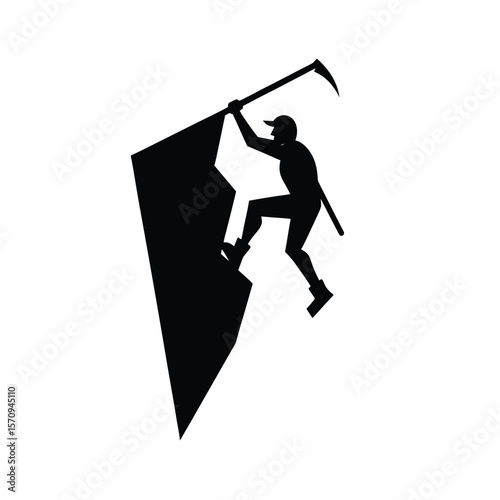 Silhouette of climber ascending rock face with ice axe