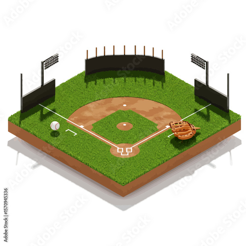 Isometric Baseball Field Illustration with Glove and Ball
