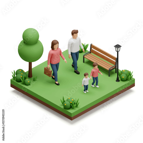 Isometric 3D family park walk illustration with bench and trees