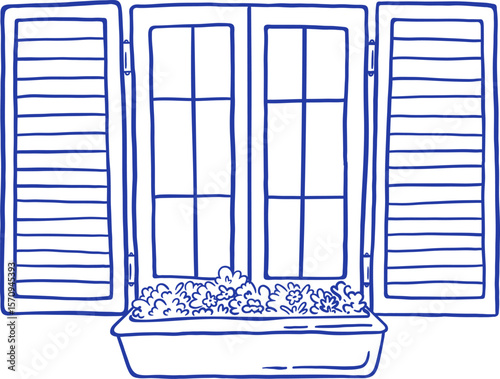 Hand draw vintage windows with open shutters and flower pots on sill vector illustration. Italian house