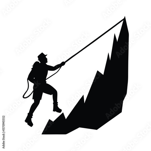 Silhouette of mountaineer pulling rope up icy mountain peak